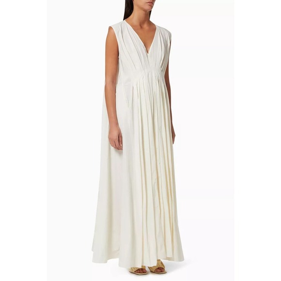 CO Women's Tucked Waist V-neck Gown Taffeta Soft Pleats Cape Effect Back NWT - Picture 1 of 8